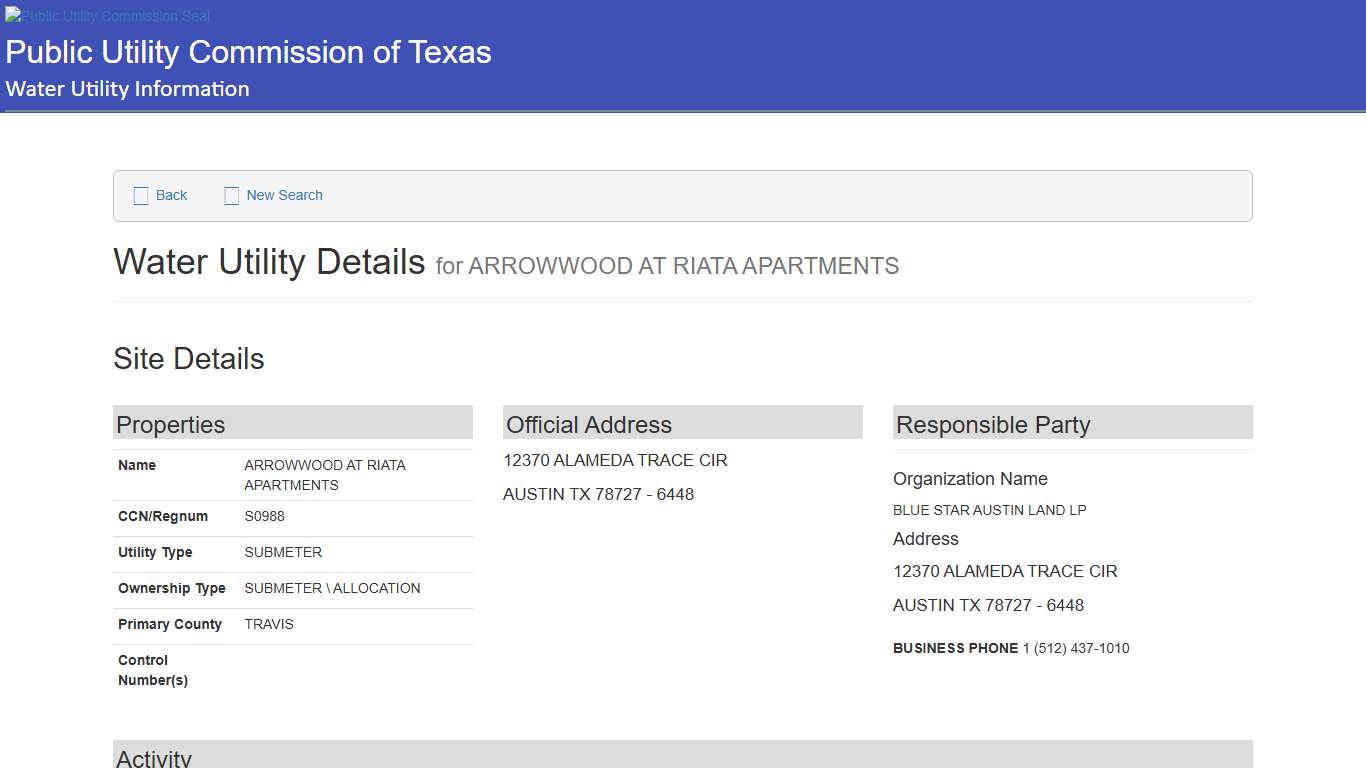 Water Utility Detail