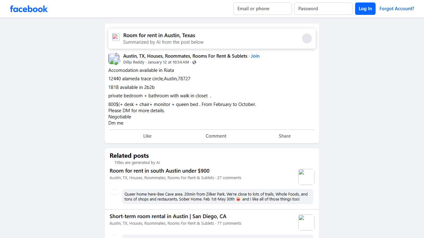 Austin, TX, Houses, Roommates, Rooms For Rent & Sublets Accomodation available in Riata Facebook