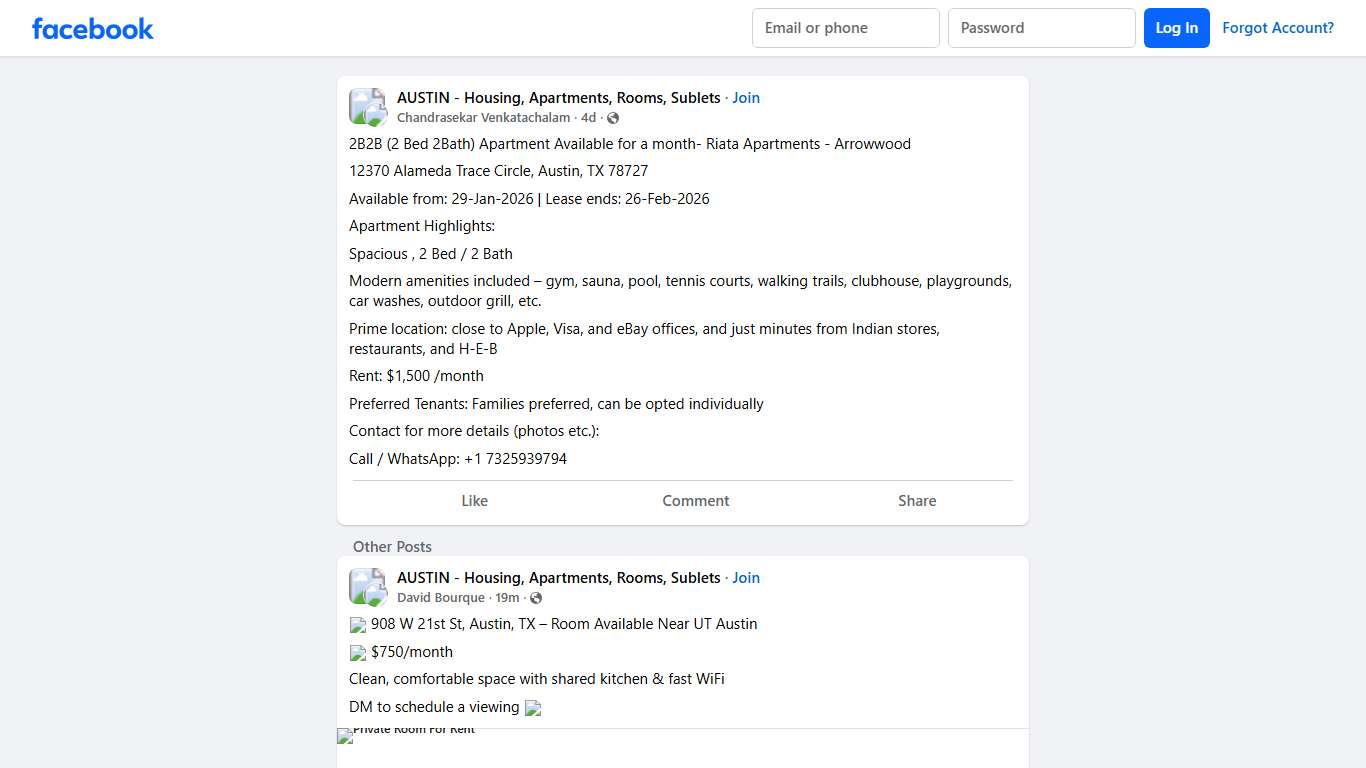 AUSTIN - Housing, Apartments, Rooms, Sublets 2B2B (2 Bed 2Bath) Apartment Available for a month- Riata Apartments - Arrowwood Facebook